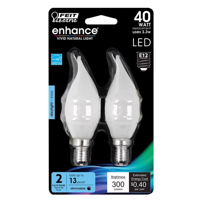 Feit BPCFF40950CAFL2 Enhance CA10 (Flame Tip) E12 (Candelabra) Filament LED Bulb Daylight 40 Watt Equivalence 2 pk