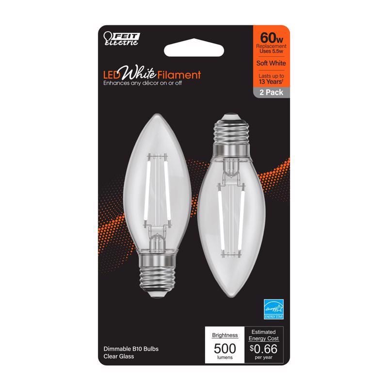 Feit BPETC60927WFIL2 White B10 E26 (Medium) Filament LED Bulb Soft White 60 Watt Equivalence 2 pk