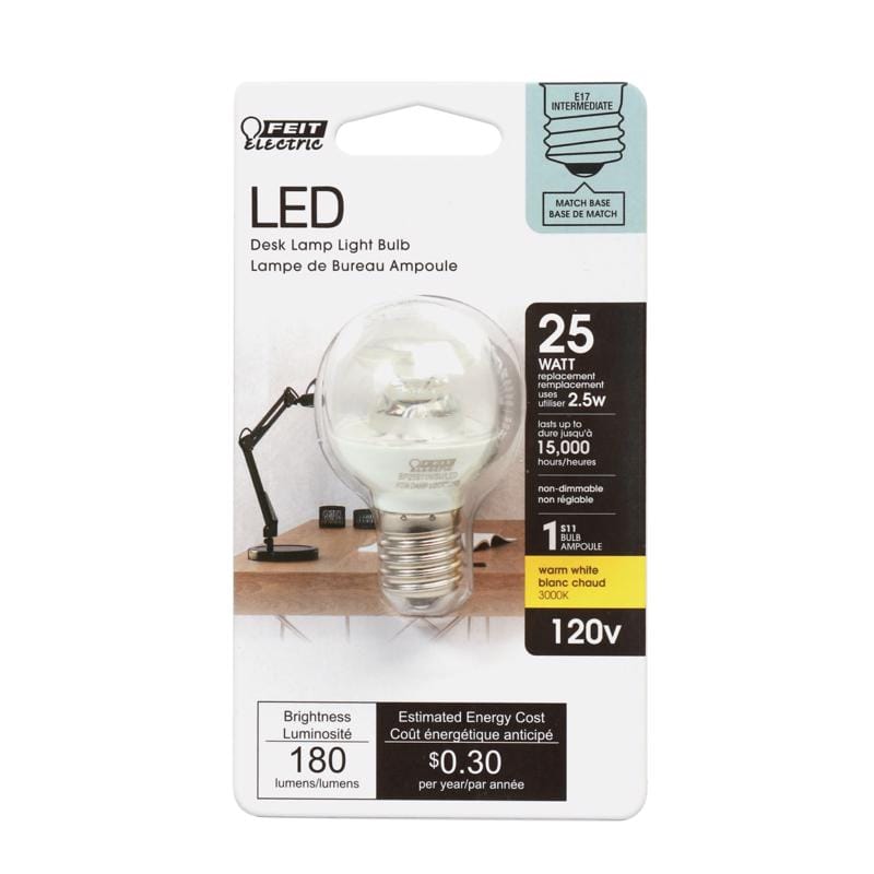 Feit BP25S11N/SU/LED S11 E17 (Intermediate) LED Bulb Bright White 25 Watt Equivalence 1 pk