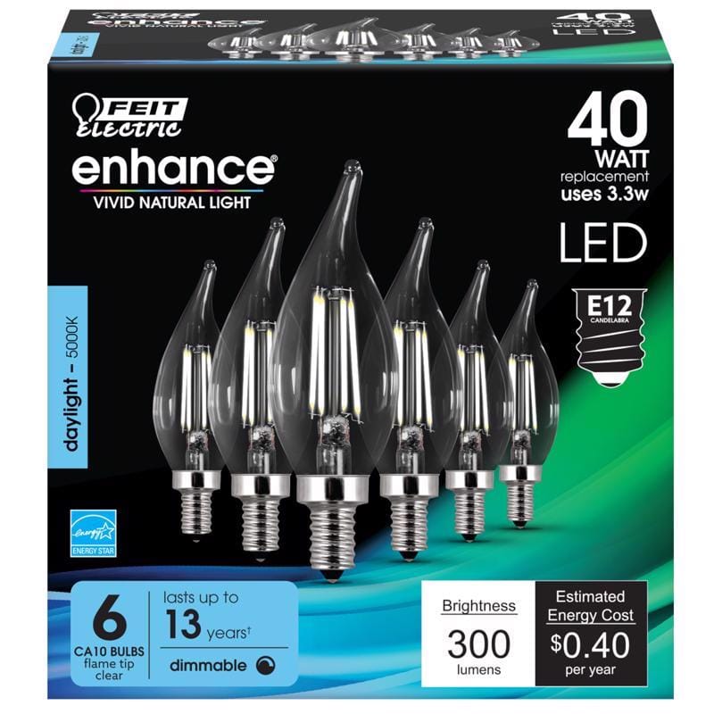 Feit CFC40950CAFIL6 Enhance CA10 (Flame Tip) E12 (Candelabra) Filament LED Bulb Daylight 40 Watt Equivalence 6 pk