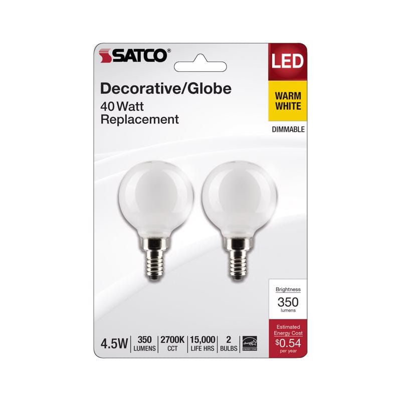 Satco S21812 G16.5 E12 (Candelabra) Filament LED Bulb Warm White 40 Watt Equivalence 2 pk