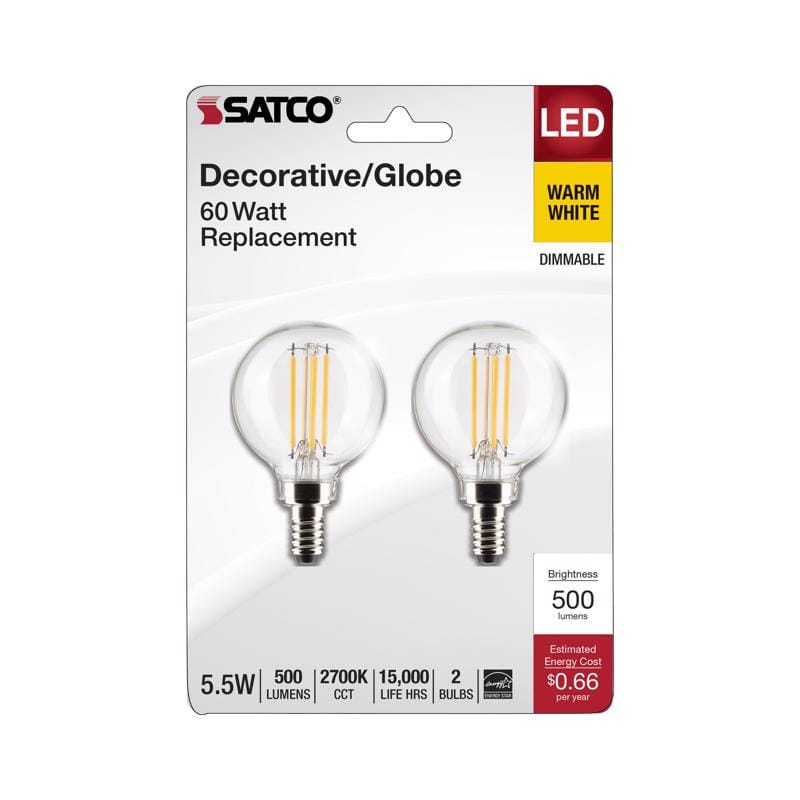 Satco S21814 G16.5 E12 (Candelabra) Filament LED Bulb Warm White 60 Watt Equivalence 2 pk