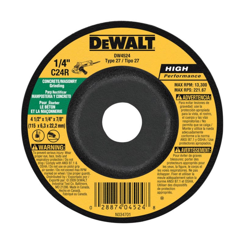 Dewalt DW4524 4-1/2 in. D X 7/8 in. X 1/4 in. thick Masonry Grinding Wheel 1 pc