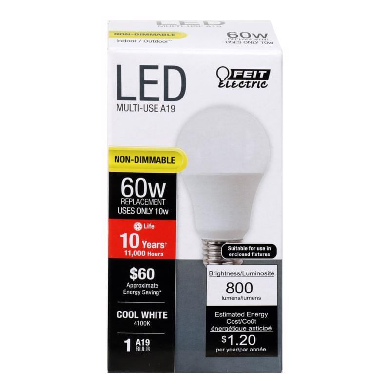 Feit A800/841/10KLED A19 E26 (Medium) LED Bulb Cool White 60 Watt Equivalence 1 pk