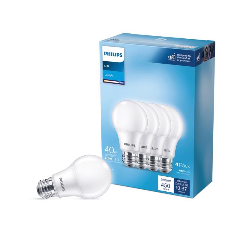 Philips 565358 A19 E26 (Medium) LED Bulb Daylight 40 Watt Equivalence 4 pk