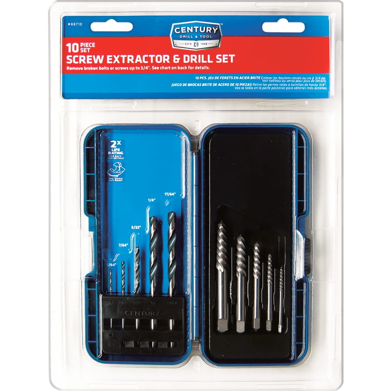Century Drill & Tool 88710 8 in. High Speed Steel Spiral Screw Extractor and Drill Bit Set 10 pc