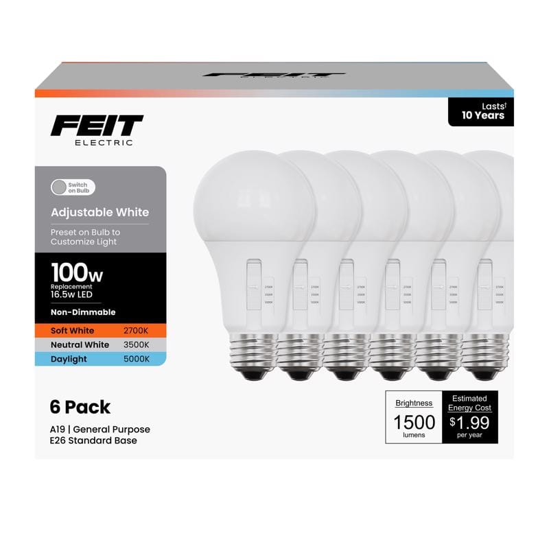 Feit OM1003CCTCA10K6 A19 E26 (Medium) LED Bulb Adjustable White 100 Watt Equivalence 6 pk