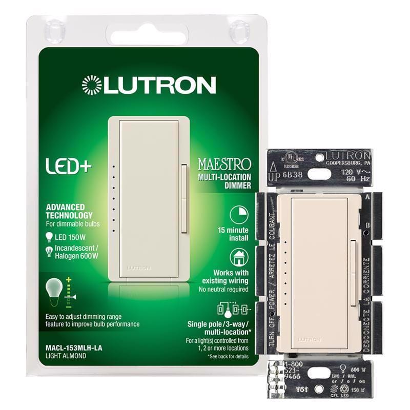 Lutron MACL-153MLH-LA Maestro Light Almond 150 W 3-Way Dimmer Switch 1 pk