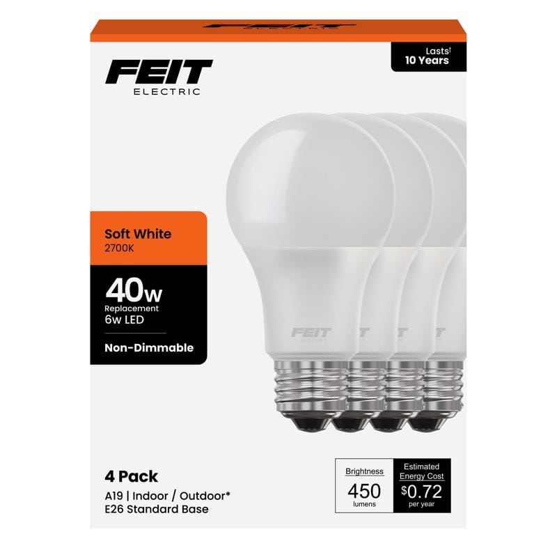 Feit A45082710KLED/4 A19 E26 (Medium) LED Bulb Soft White 40 Watt Equivalence 4 pk