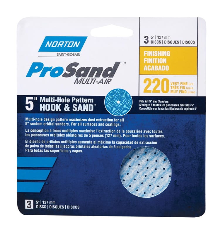 Norton 07660703227 ProSand 5 in. Ceramic Alumina Hook and Loop A975 Sanding Disc 220 Grit Very Fine 3 pk