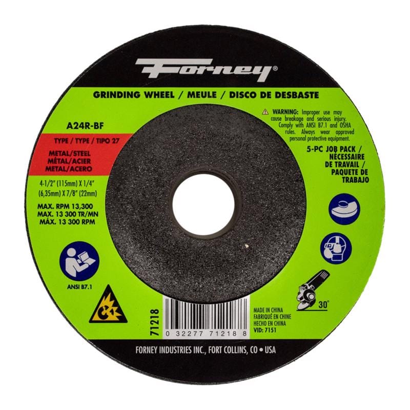 Forney 71218 4-1/2 in. D X 7/8 in. in. X 1/4 in. thick Grinding Wheel 5 pk