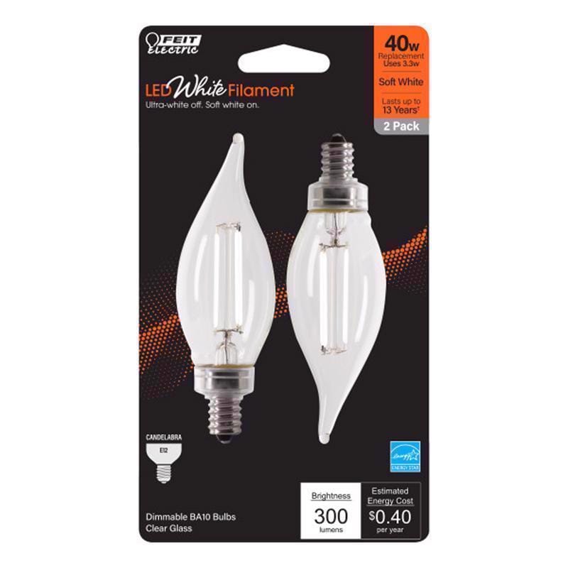 Feit BPCFC40927WFIL2 White BA10 E12 (Candelabra) Filament LED Bulb Soft White 40 Watt Equivalence 2 pk