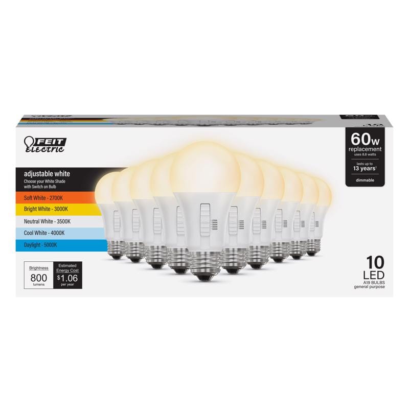 Feit OM60DM5CCTLED10 A19 E26 (Medium) LED Bulb Adjustable White 60 Watt Equivalence 10 pk