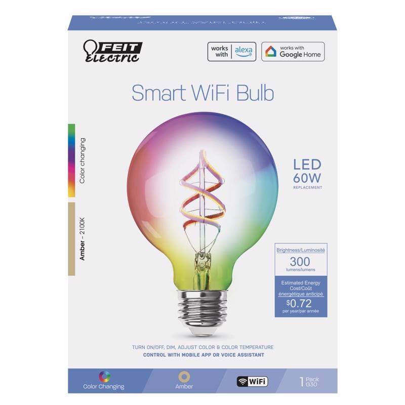 Feit G3060/RGBWFILAG Smart Home G30 E26 (Medium) Smart-Enabled LED Bulb Color Changing 60 Watt Equivalence 1 pk