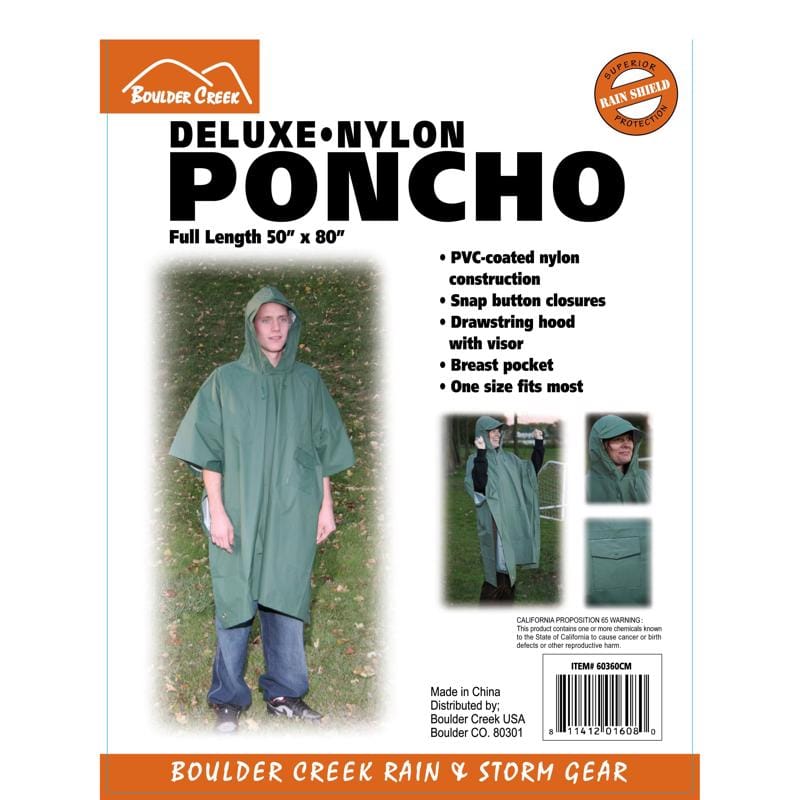 Boulder Creek 60360CM Green PVC-Coated Nylon Rain Poncho One Size Fits All 20 mil