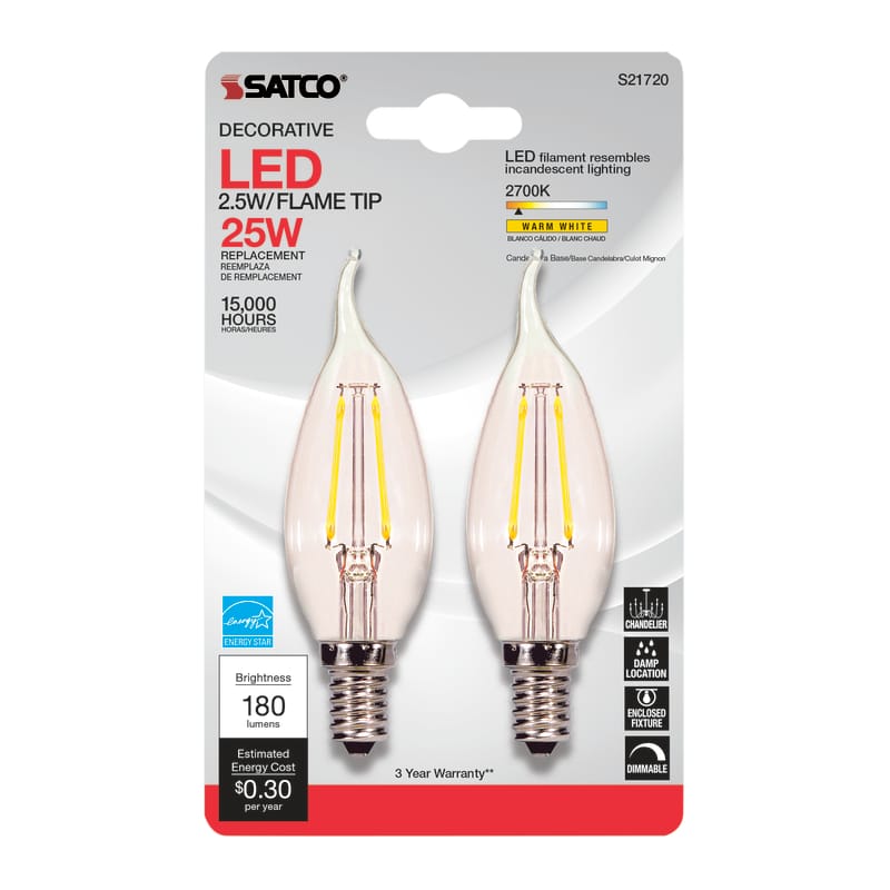 Satco S21839 CA10 (Flame Tip) E12 (Candelabra) LED Bulb Warm White 25 Watt Equivalence 2 pk