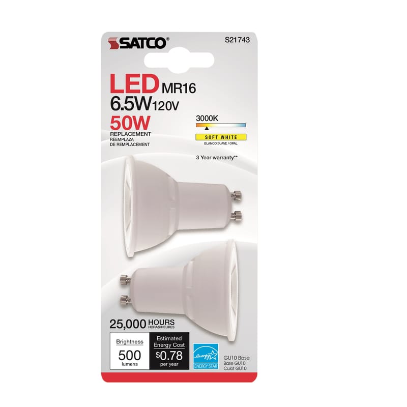 Satco S21743 MR16 GU10 LED Bulb Soft White 50 Watt Equivalence 2 pk