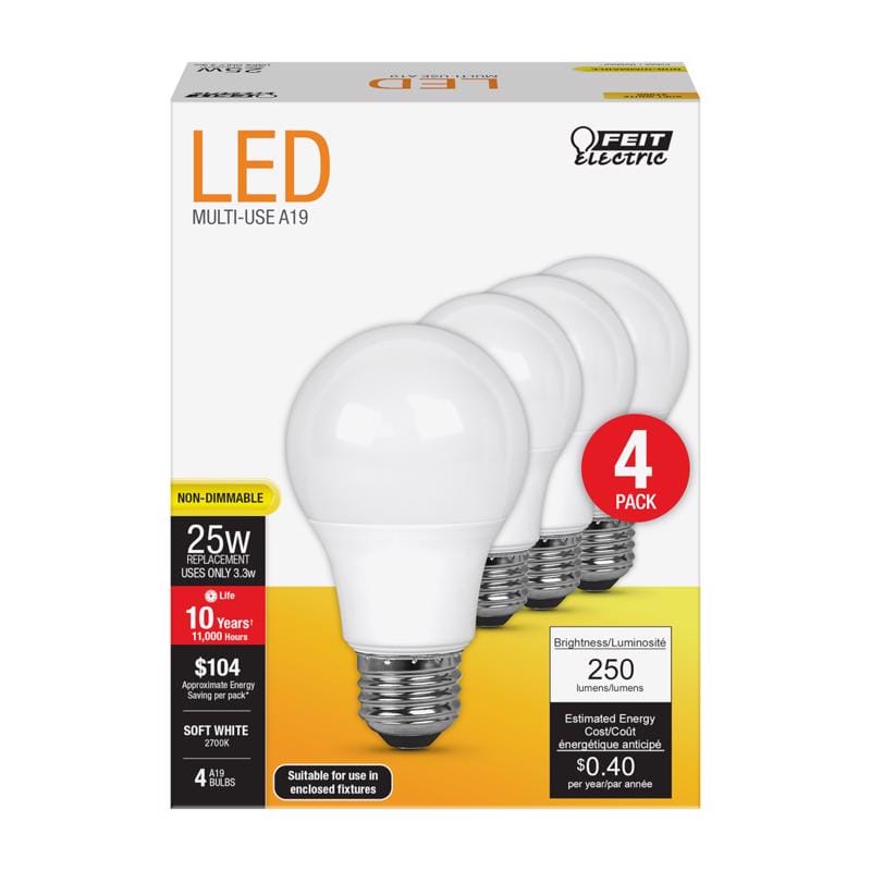 Feit A250/82710KLED4 A19 E26 (Medium) LED Bulb Soft White 25 Watt Equivalence 4 pk