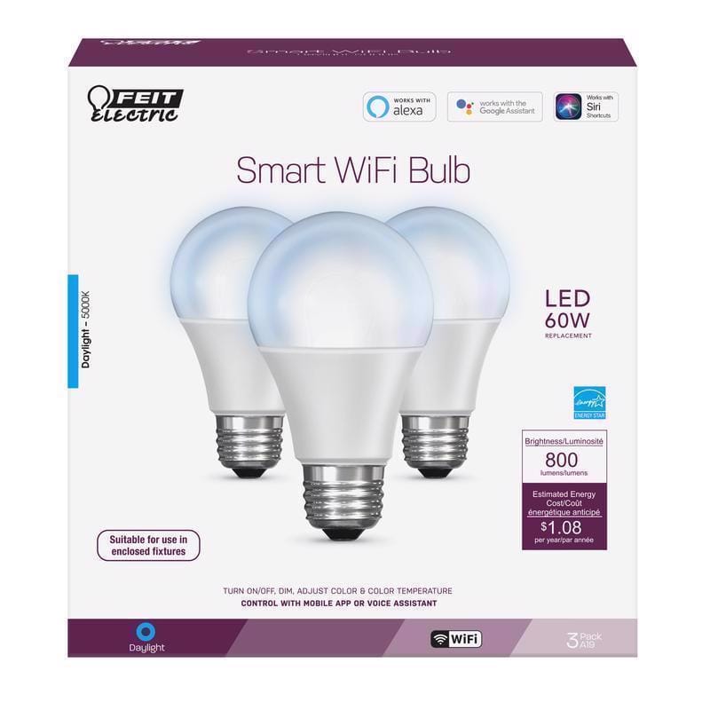 Feit OM60/950CA/AG/3 Smart Home A19 E26 (Medium) Smart-Enabled LED Bulb Daylight 60 Watt Equivalence 3 pk