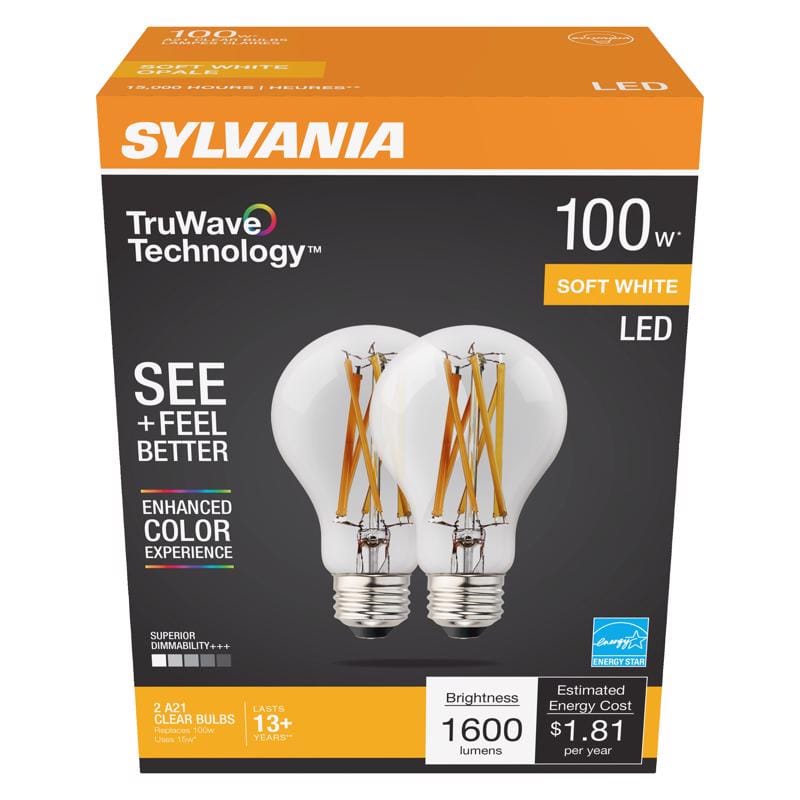 Sylvania 42305 TruWave A19 E26 (Medium) LED Bulb Soft White 100 Watt Equivalence 2 pk