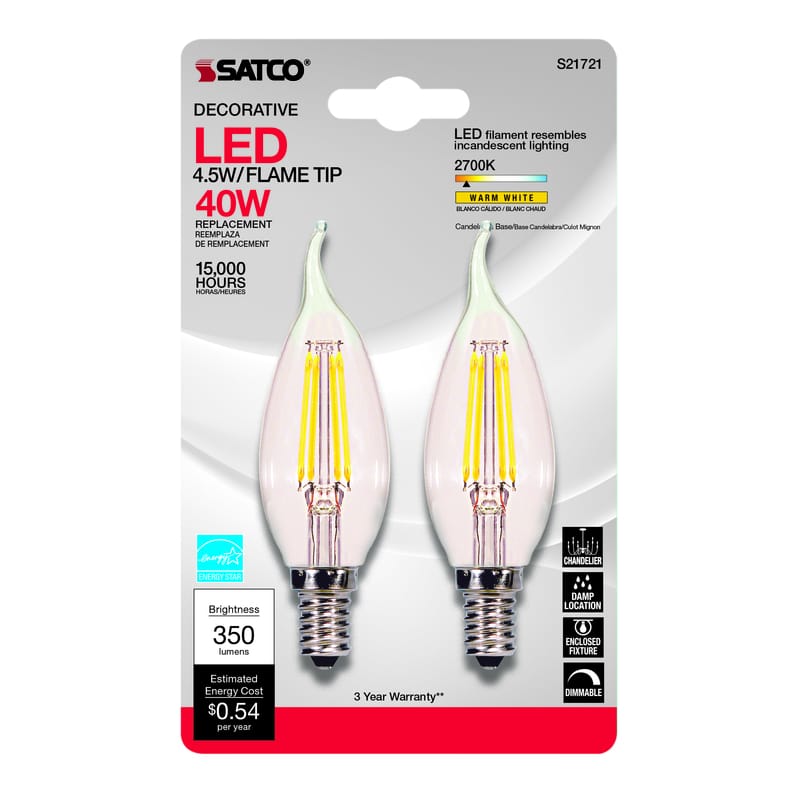Satco S21840 CA10 (Flame Tip) E12 (Candelabra) LED Bulb Warm White 40 Watt Equivalence 2 pk