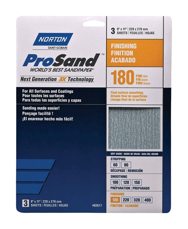 Norton 07660768159 ProSand 11 in. L X 9 in. W 180 Grit Aluminum Oxide Sandpaper 3 pk