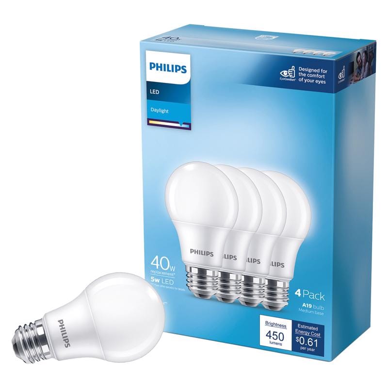 Philips 575811 A19 E26 (Medium) LED Bulb Daylight 40 Watt Equivalence 4 pk