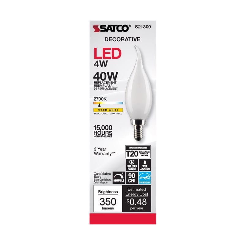 Satco S21300 CA10 (Flame Tip) E12 (Candelabra) Filament LED Bulb Warm White 40 Watt Equivalence 1 pk