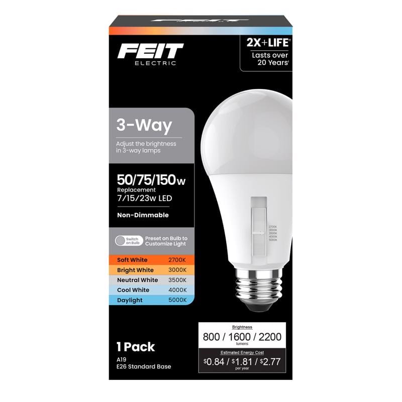 Feit Electric OM50/150/5CCTCA Feit A19 E26 (Medium) LED Bulb Adjustable White 50/75/150 Watt Equivalence 1 pk