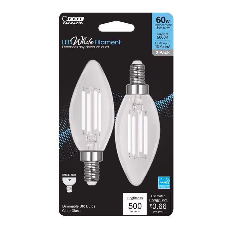 Feit BPCTC60950WFIL2 White B10 E12 (Candelabra) Filament LED Bulb Daylight 60 Watt Equivalence 2 pk