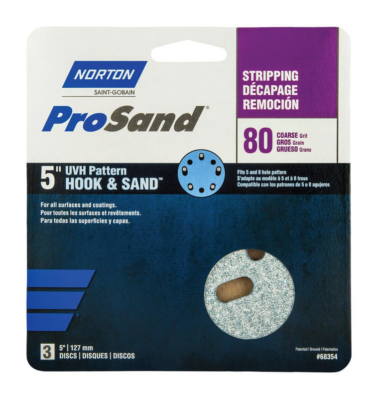 Norton 07660768354 ProSand 5 in. Ceramic Alumina Hook and Loop Sanding Disc 80 Grit Coarse 3 pk