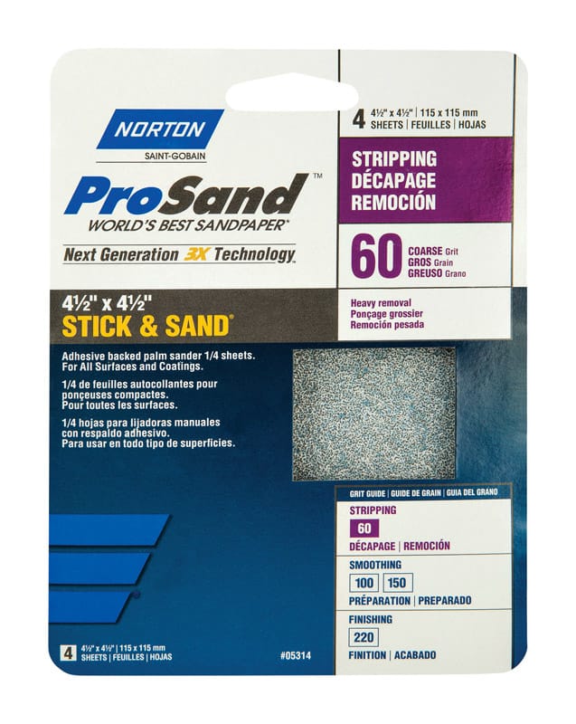 Norton 07660768185 ProSand 4-1/2 in. L X 4-1/2 in. W 60 Grit Aluminum Oxide Sanding Sheet 4 pk
