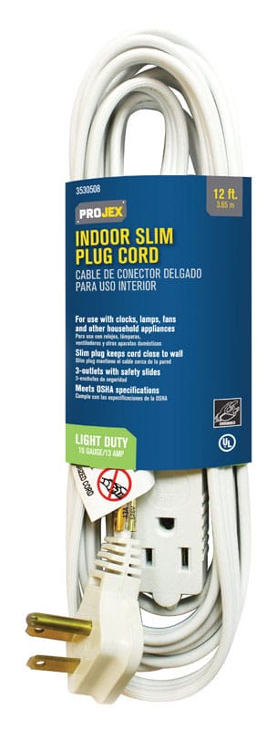 Projex FW-606-12FT/09P Indoor 12 ft. L White Slim Plug Cord 16/3 SPT-3