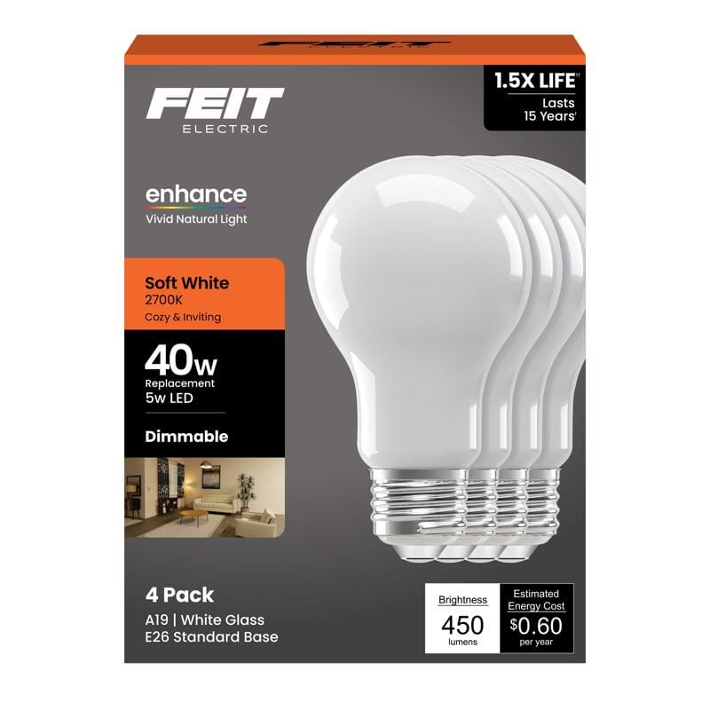Feit A1940/927FIL4GB Enhance A19 E26 (Medium) Filament LED Bulb Soft White 40 Watt Equivalence 4 pk