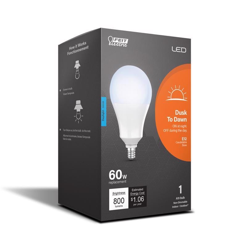Feit A800C950CADDLED A19 E12 (Candelabra) LED Dusk to Dawn Bulb Daylight 60 Watt Equivalence 1 pk