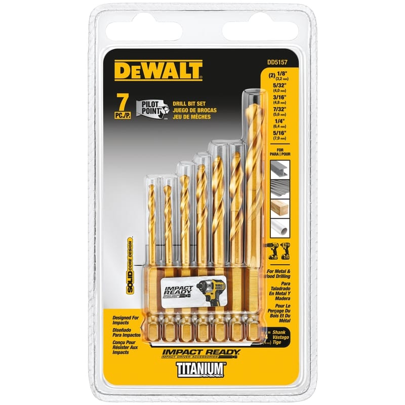 Dewalt DD5157 Assorted Titanium Impact Ready Drill Bit Set Quick-Change Hex Shank 7 pc