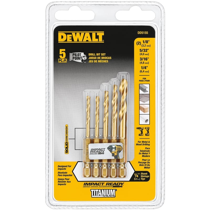 Dewalt DD5155 Assorted Titanium Impact Ready Drill Bit Set Quick-Change Hex Shank 5 pc