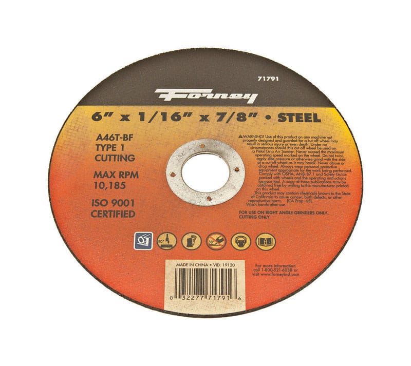 Forney 71791 6 in. D X 7/8 in. X 1/16 in. thick Aluminum Oxide Metal Cut-Off Wheel 1 pc