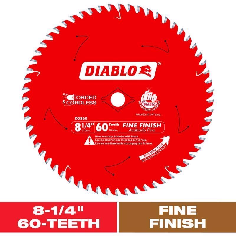 Diablo D0860X 8-1/4 in. D X 5/8 in. TiCo Hi-Density Carbide Circular Saw Blade 60 teeth 1 pk
