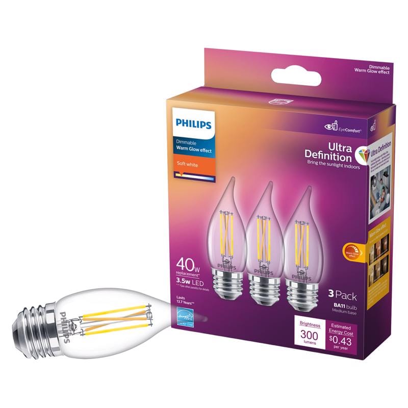 Philips 566679 Ultra Definition BA11 E26 (Medium) LED Bulb Soft White 40 Watt Equivalence 3 pk