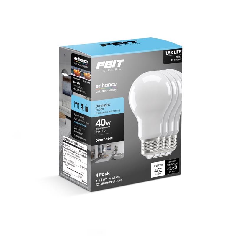 Feit A1940/950FIL4GB Enhance A19 E26 (Medium) LED Bulb Daylight 40 Watt Equivalence 4 pk