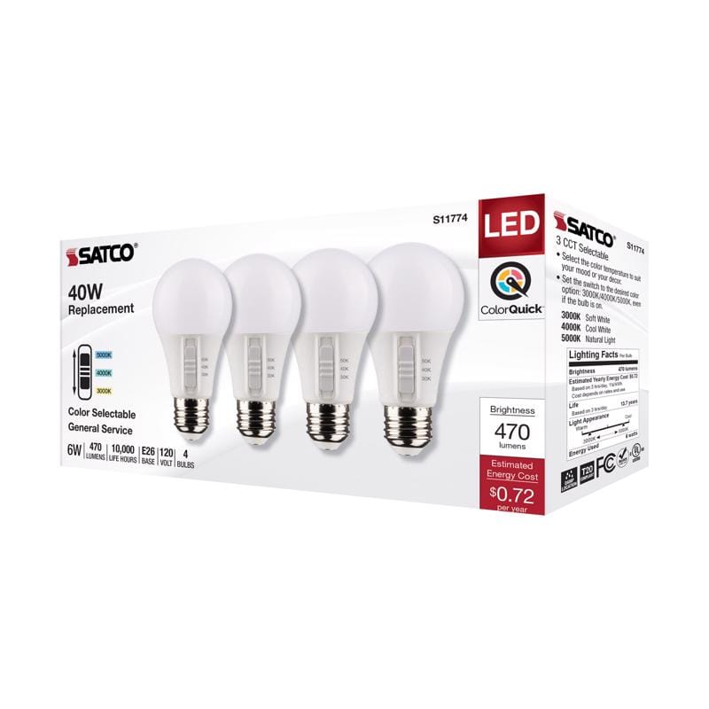 Satco S11774 A19 E26 (Medium) LED Bulb Tunable White/Color Changing 40 Watt Equivalence 4 pk