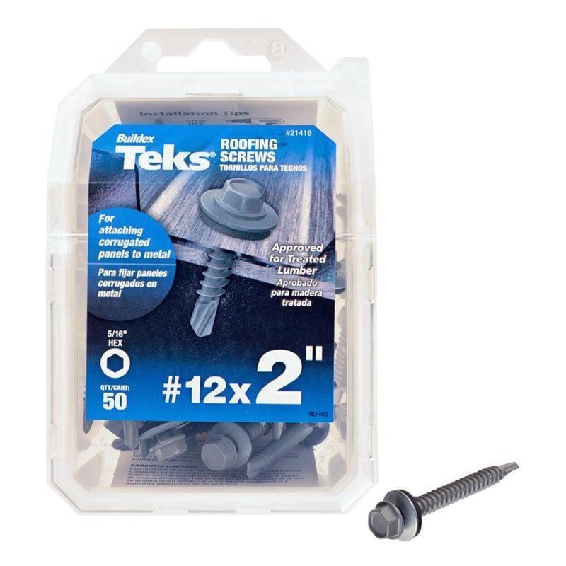 Teks 21416 No. 12 X 2 in. L Hex Drive Hex Washer Head Self Tapping Roofing Screws