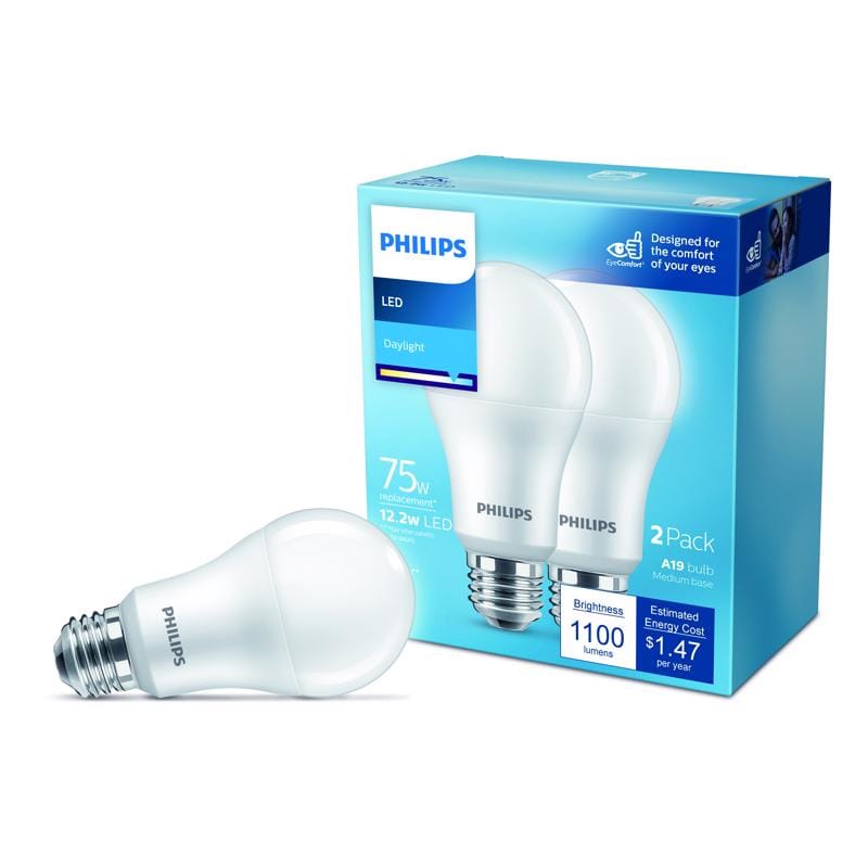 Philips 575852 A19 E26 (Medium) LED Bulb Daylight 75 Watt Equivalence 2 pk