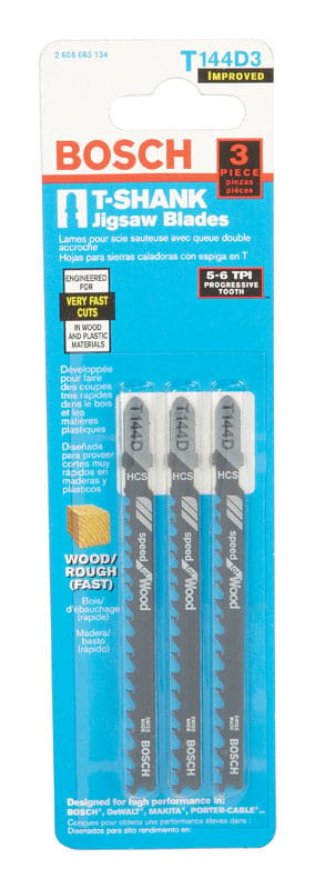 Bosch T144D3 4 in. High Carbon Steel T-Shank Side set and ground Jig Saw Blade 6 TPI 3 pk
