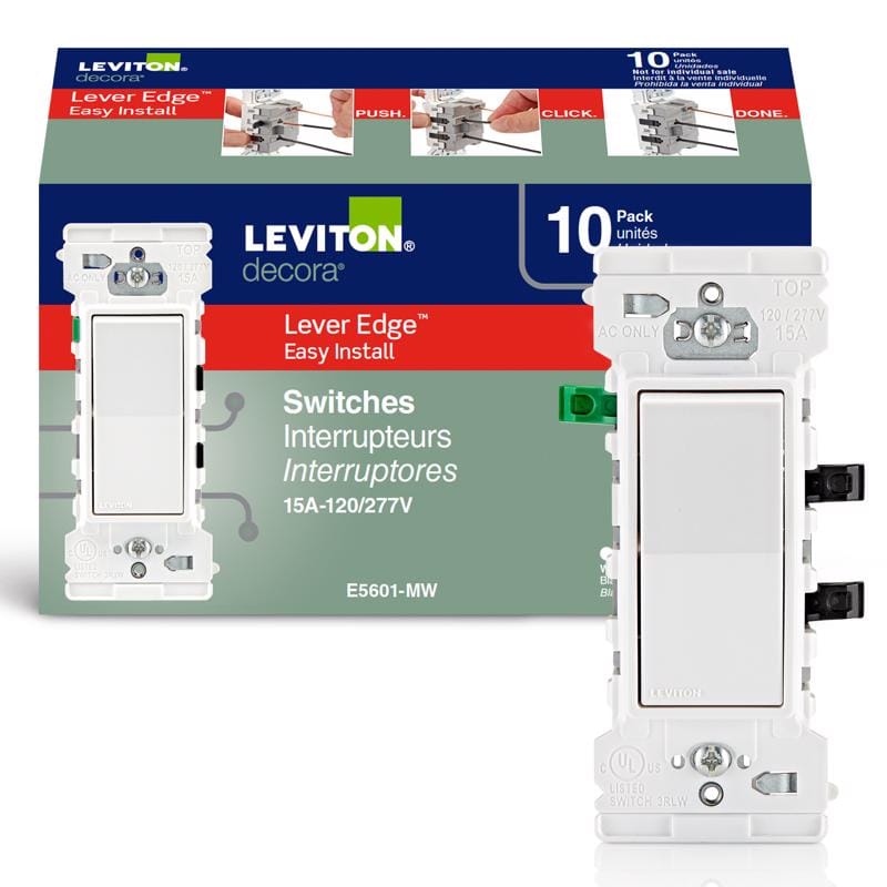 Leviton E5601-0MW Lever Edge 15 amps Single Pole Rocker Switch White 10 pk