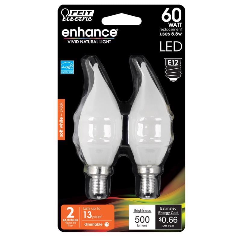 Feit BPCFF60927CAF2R CA10 (Flame Tip) E12 (Candelabra) LED Bulb Soft White 60 Watt Equivalence 2 pk