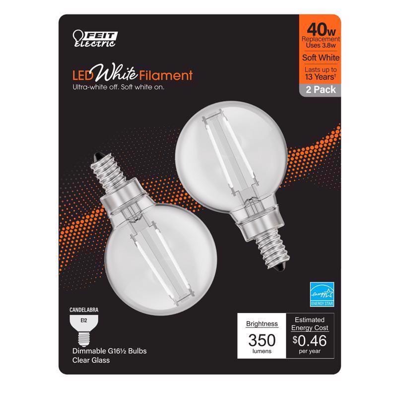 Feit BPG1640927WFIL2 White G16.5 E12 (Candelabra) Filament LED Bulb Soft White 40 Watt Equivalence 2 pk