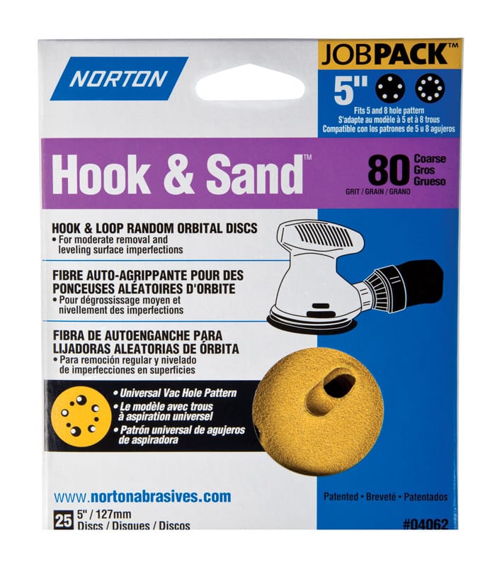 Norton 07660704062 Hook & Sand 5 in. Aluminum Oxide Hook and Loop A250/A290 Sanding Disc 80 Grit Coarse 25 pk