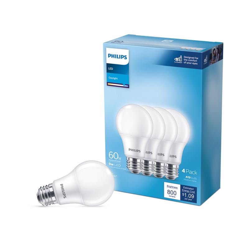 Philips 565481 A19 E26 (Medium) LED Bulb Daylight 60 Watt Equivalence 4 pk